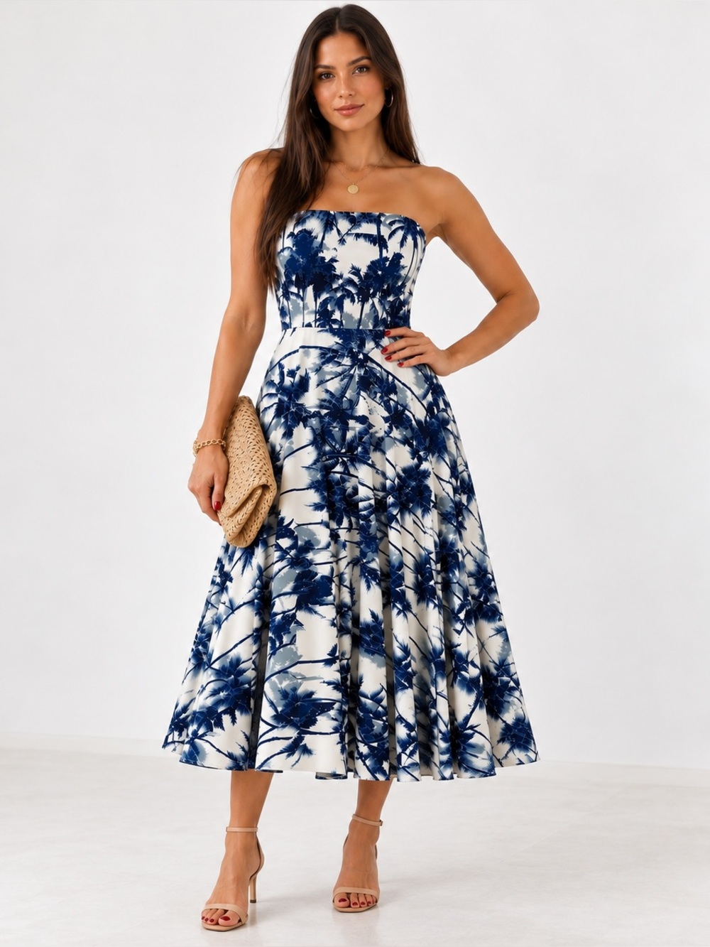 Elan Blue & White Palm Print Strapless Midi Dress Resort Vacation Coastal Size S